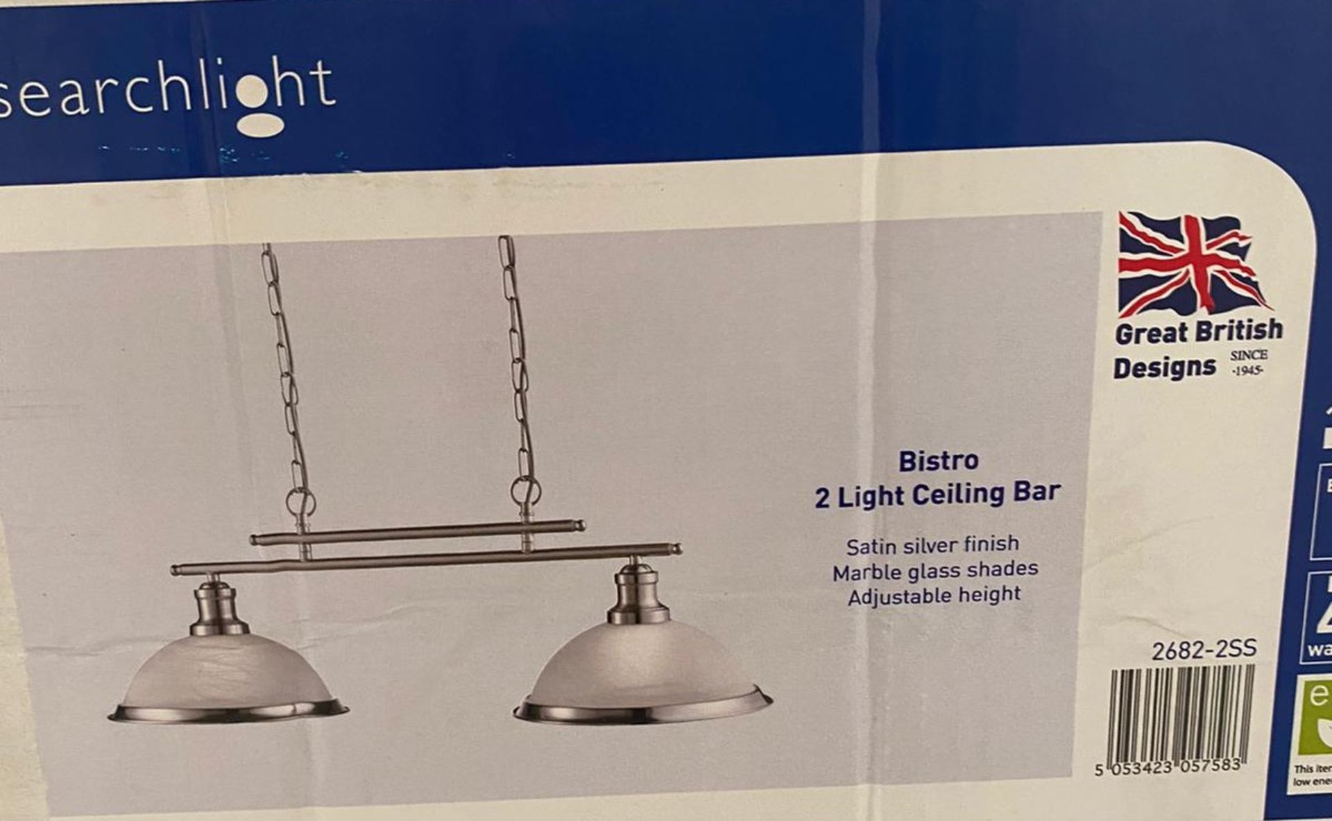 1 x Searchlight bistro 2 Light Ceiling Bar in satin silver - Ref: 2682-2SS - New Boxed - RRP: £115