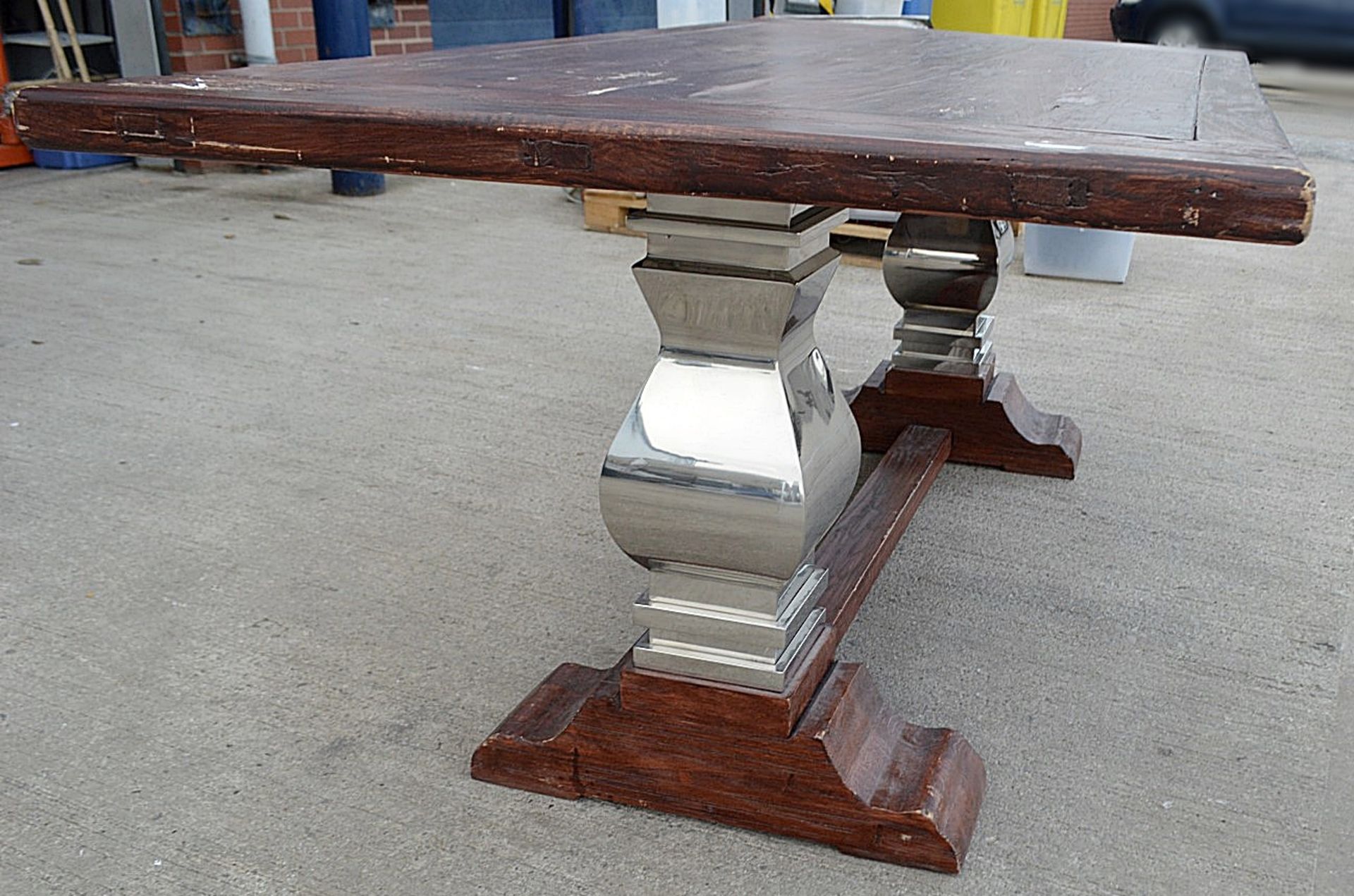 1 x Sturdy 2 Metre Georgian-Style Solid Wood Dining Table In A Dark Stain With A Chromed Base - Image 2 of 6