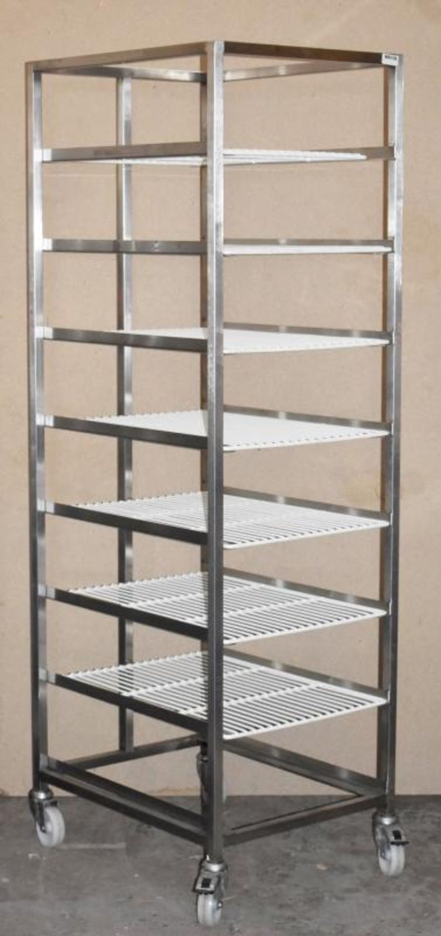 1 x Stainless Steel 8 Tier Mobile Shelf Unit For Commercial Kitchens With White Coated Wire Shelves