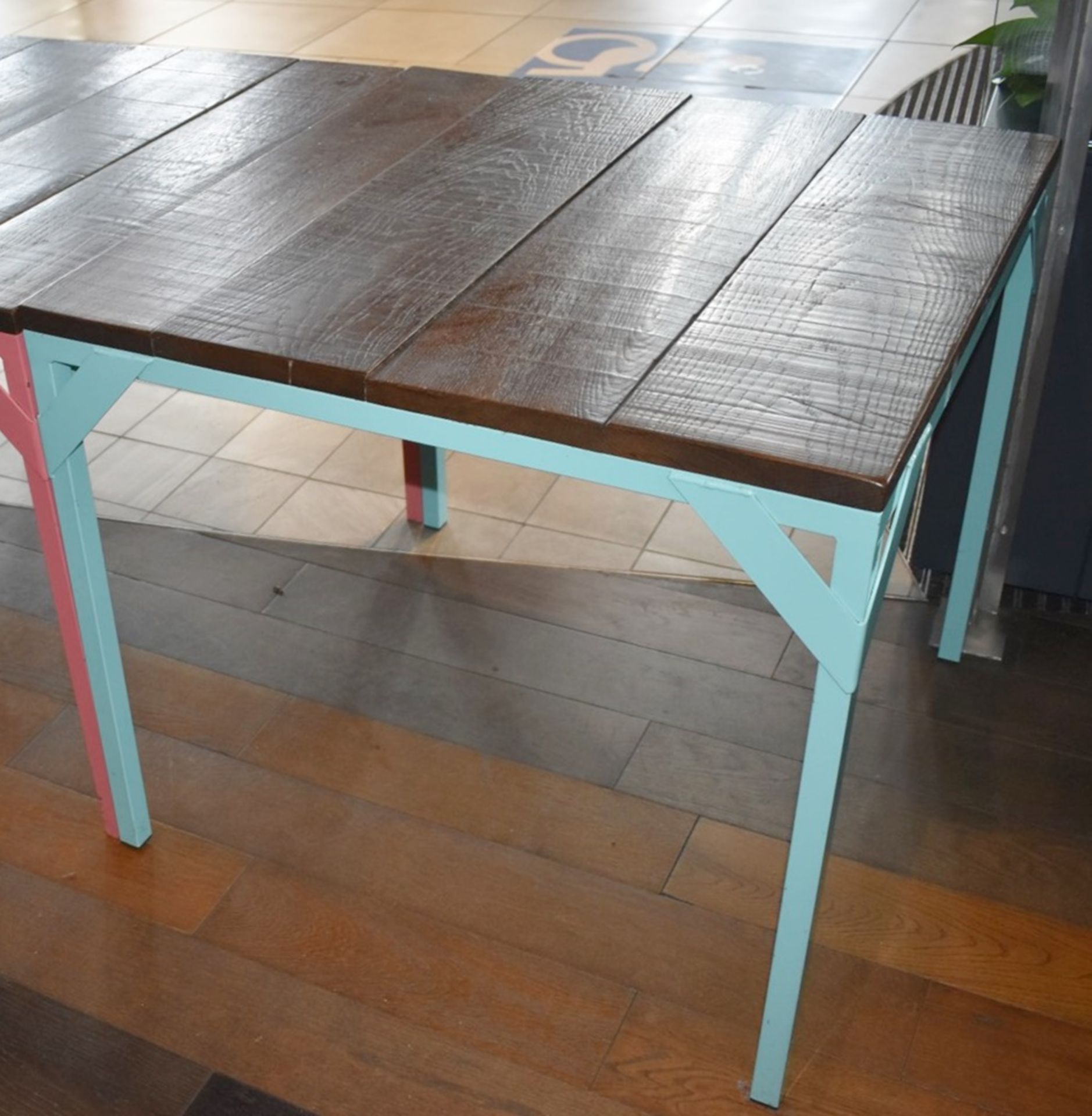 2 x Dining Tables With Duck Egg Blue Steel Bases and Wooden Panelled Tops - Size: H77  W85 x D85 cms
