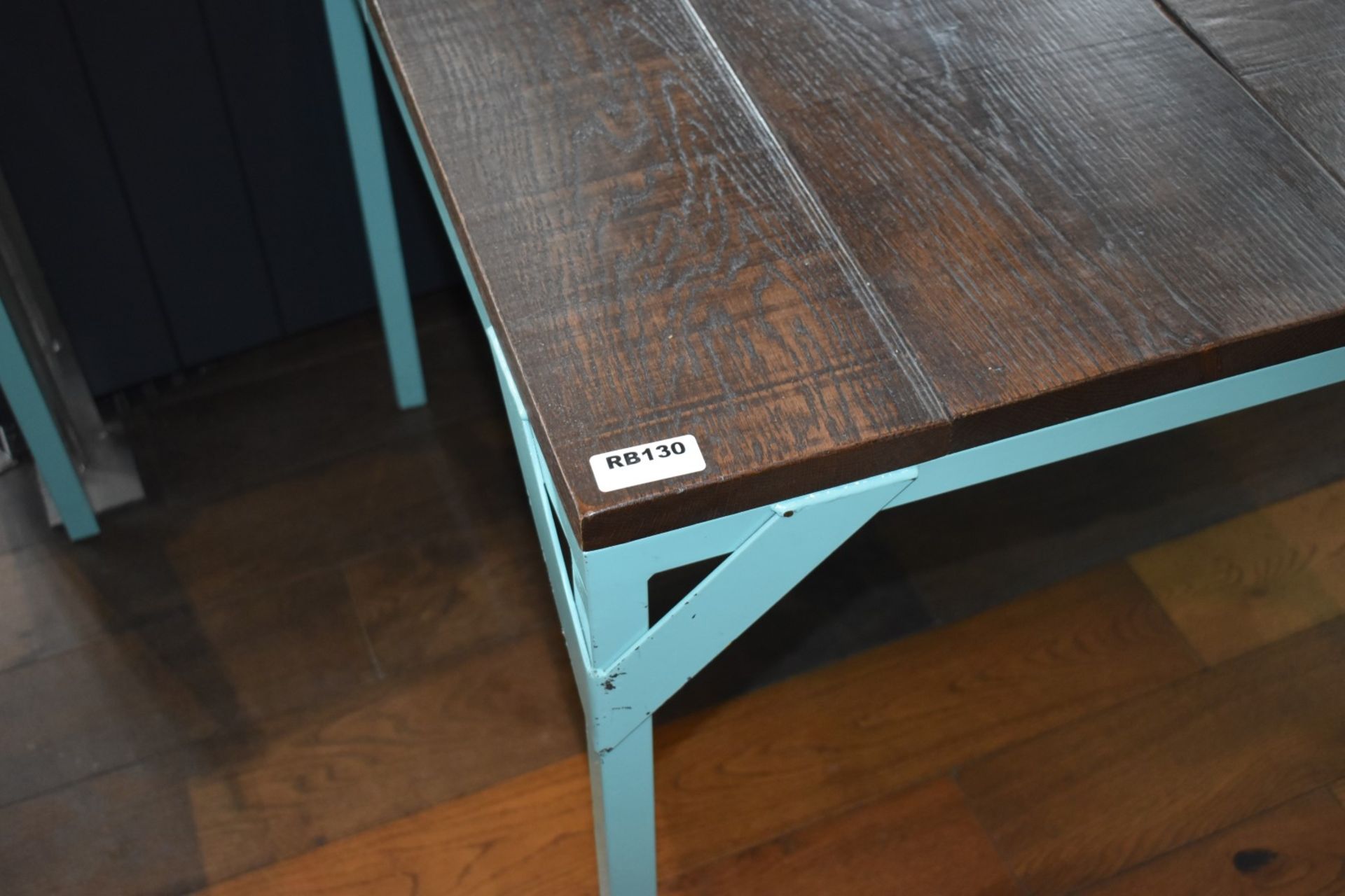 2 x Dining Tables With Duck Egg Blue Steel Bases and Wooden Panelled Tops - Size: H77  W85 x D85 cms - Image 2 of 4