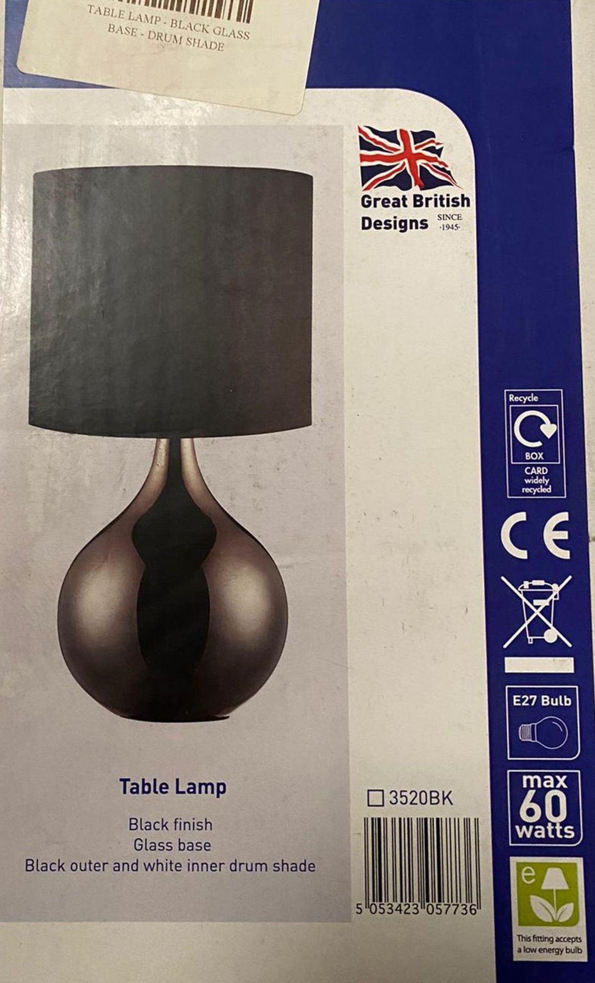 1 x Searchlight Table Lamp in black with a glass base - Ref: 3520BK - New and Boxed - RRP: £80