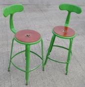 A Pair Of Genuine Nicolle® French Metal Stools In Glossy Green, With Seat Pads - Original Price £600