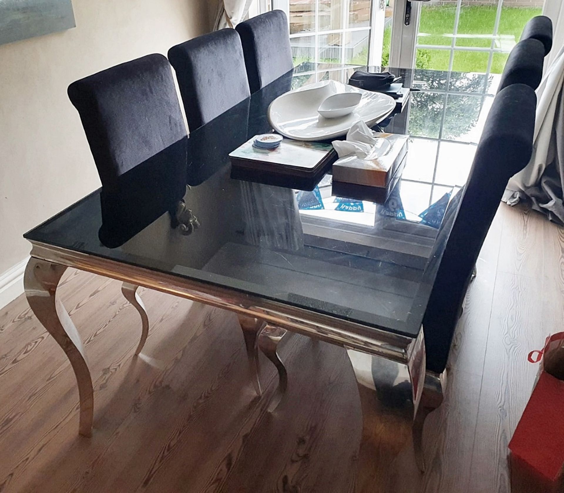 1 x Elegant Black Glass Topped Dining Table + 6 x Chairs - Preowned - Original Price £1,260 - NO VAT - Image 4 of 4