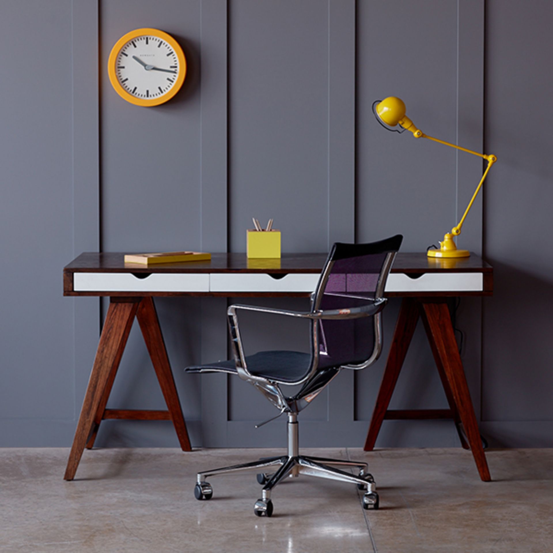 1 x Blue Suntree Ellwood Trestle Desk With a Dark Walnut Finish and Three White Storage Drawers - - Image 2 of 3