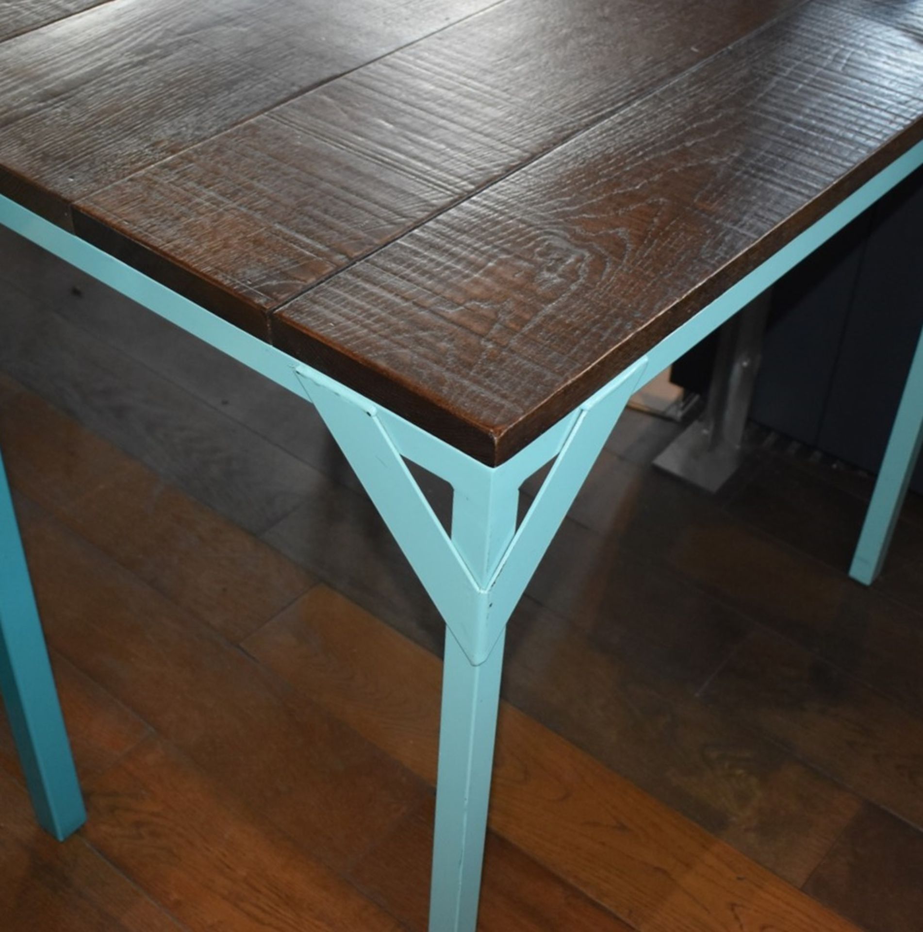 2 x Dining Tables With Duck Egg Blue Steel Bases and Wooden Panelled Tops - Size: H77  W85 x D85 cms - Image 3 of 4