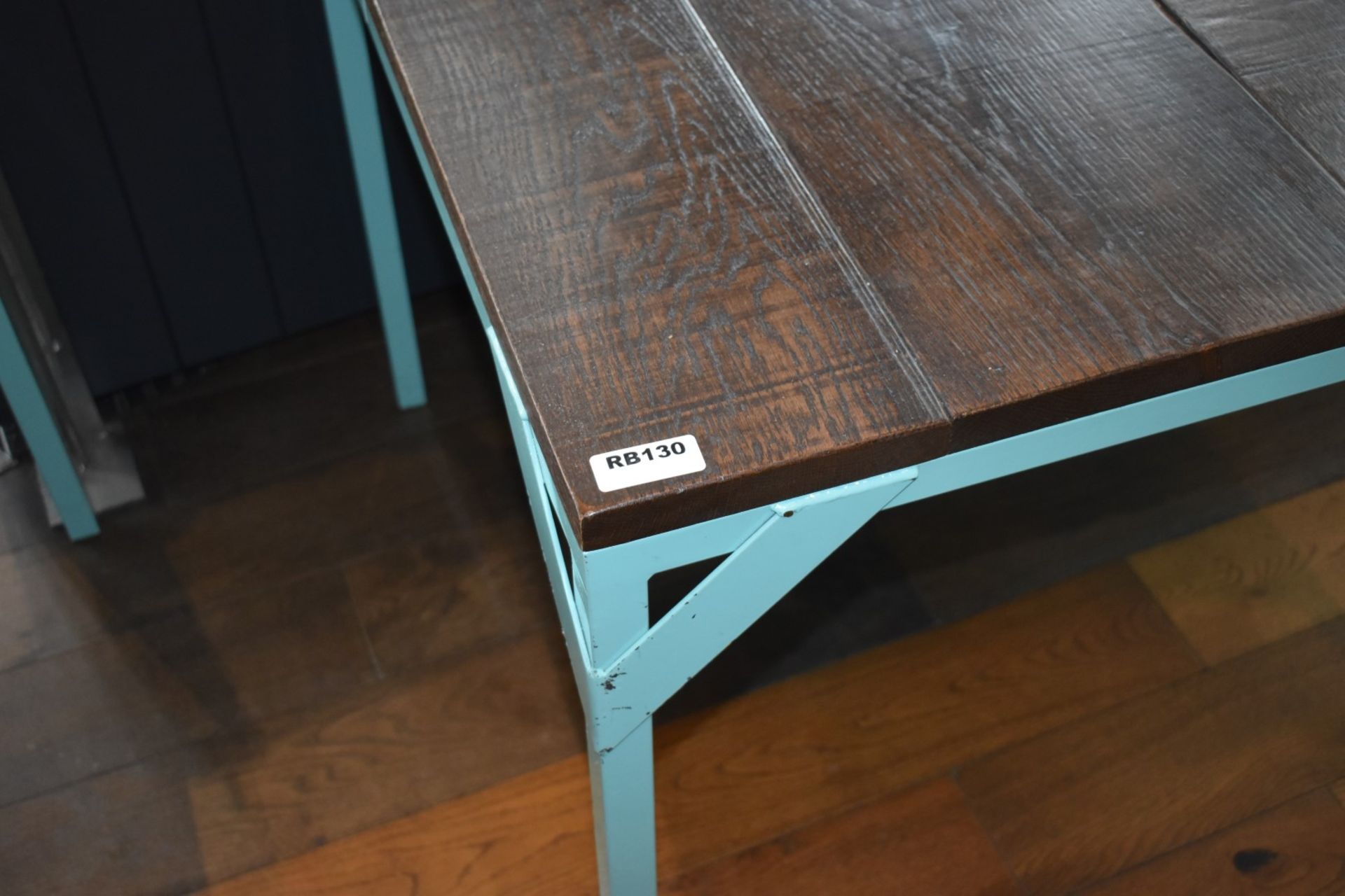 2 x Dining Tables With Duck Egg Blue Steel Bases and Wooden Panelled Tops - Size: H77  W85 x D85 cms - Image 4 of 4