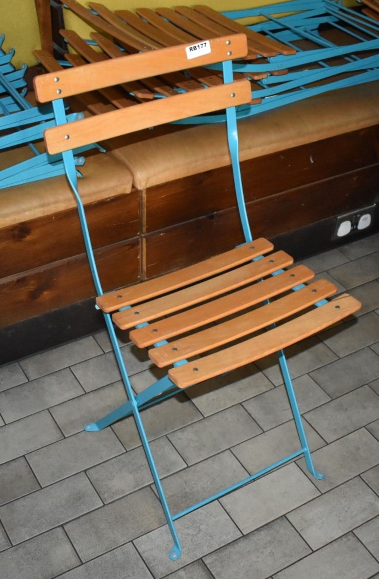 6 x Outdoor Folding Chairs in Blue With Wood Seats and Backrests - Unused - Ref: RB177 - CL558 -