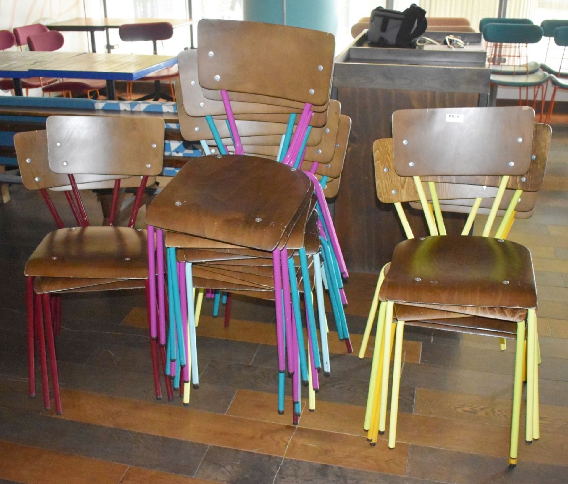 12 x Dining Chairs With Wooden Seats, Wooden Back Rests and Various Coloured Metal Frames - Ref: