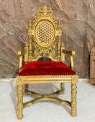 1 x Ornate Gold Throne Chair With Red Cushioned Seat - Dimensions: 140x64cm - Ref: Lot 76 -