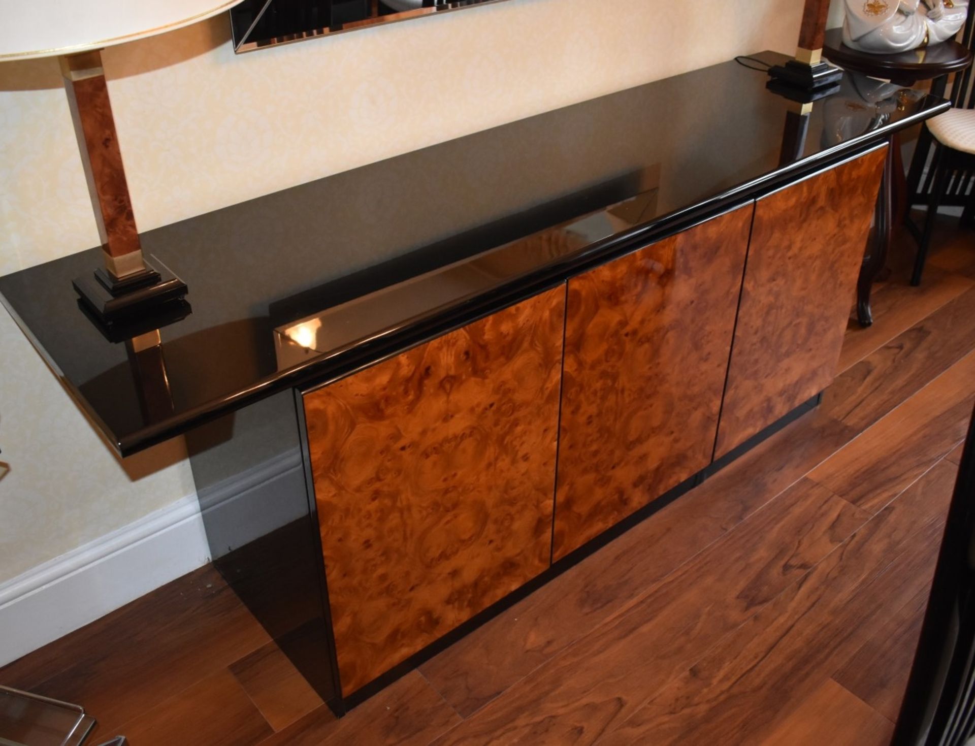 1 x Contemporary Three Door Sideboard With Dark Gloss Finish and Burr Walnut Doors - Dimensions - Image 7 of 10