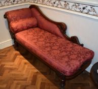 1 x Vintage Mahogany Scroll Back Chaise Lounge Upholstered in Damask Style Floral Trail Wild