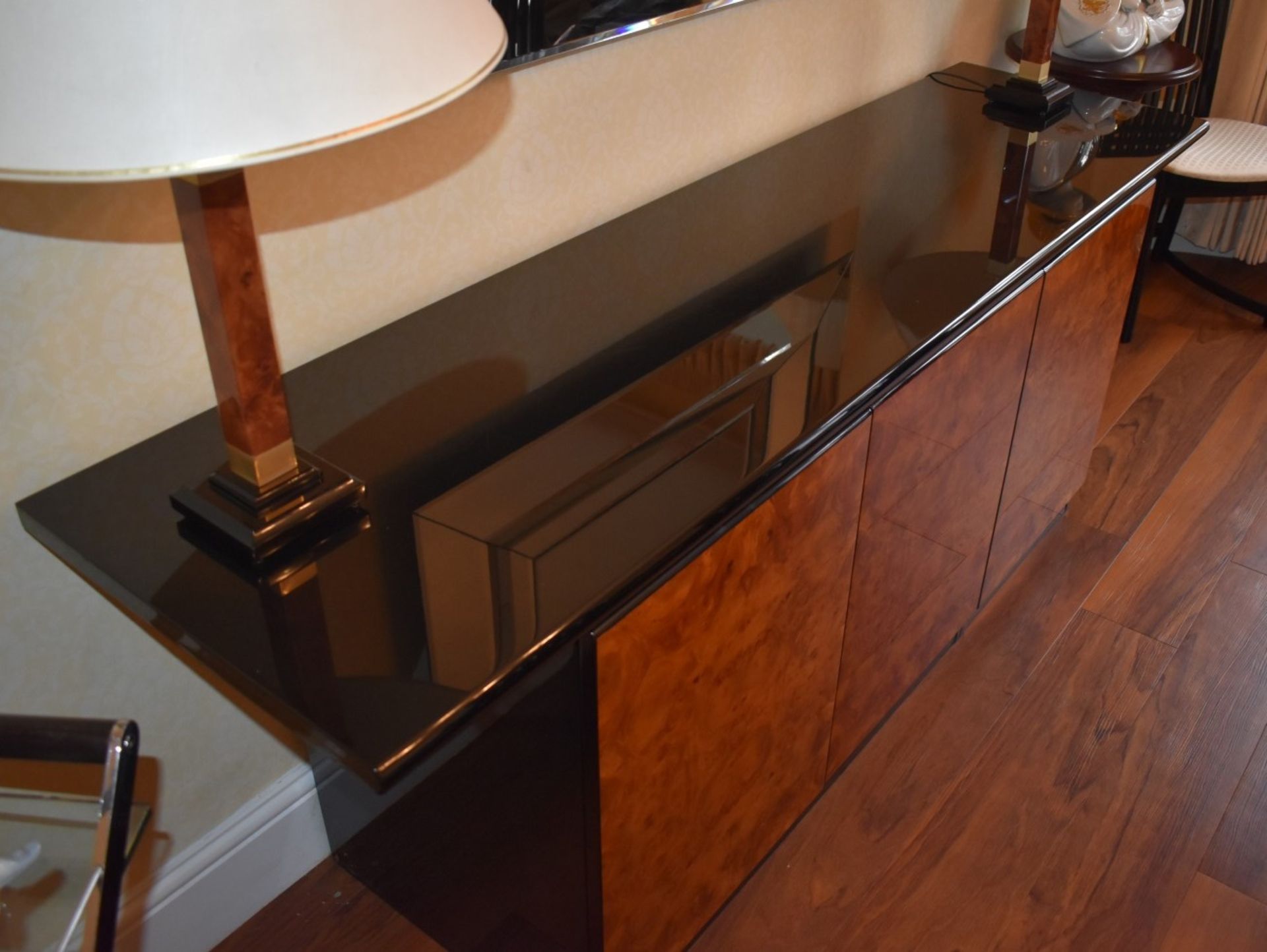 1 x Contemporary Three Door Sideboard With Dark Gloss Finish and Burr Walnut Doors - Dimensions - Image 9 of 10