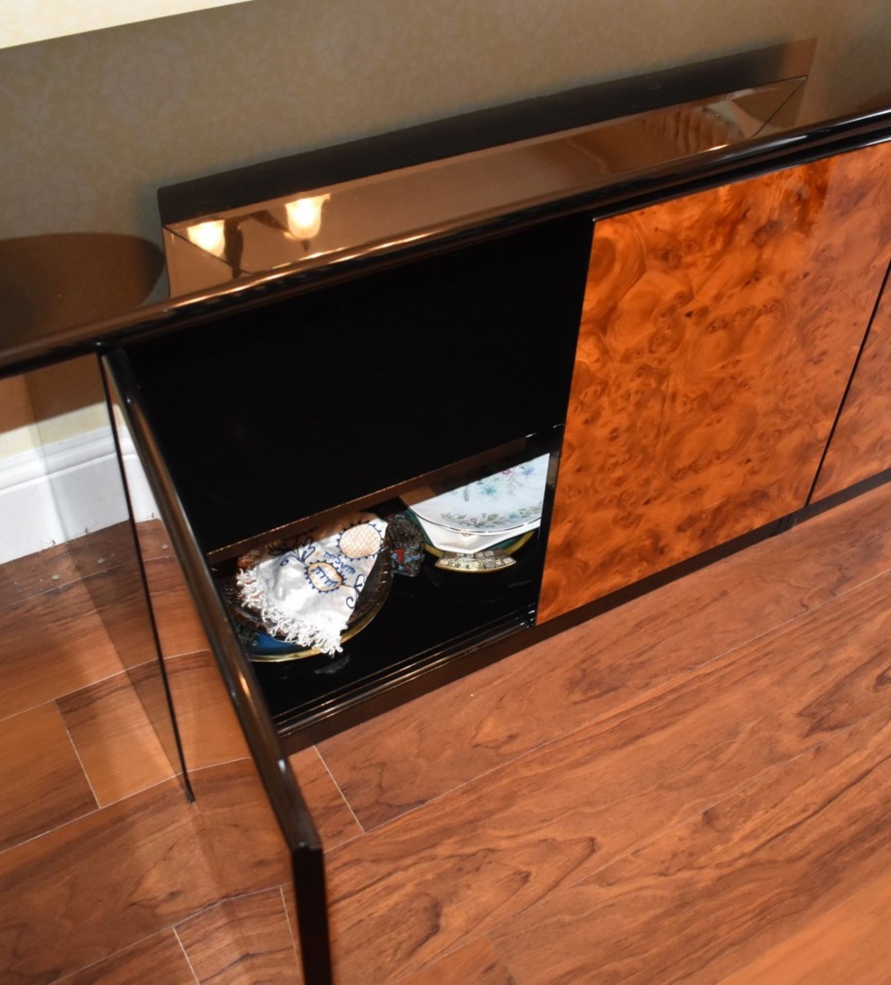 1 x Contemporary Three Door Sideboard With Dark Gloss Finish and Burr Walnut Doors - Dimensions - Image 5 of 10