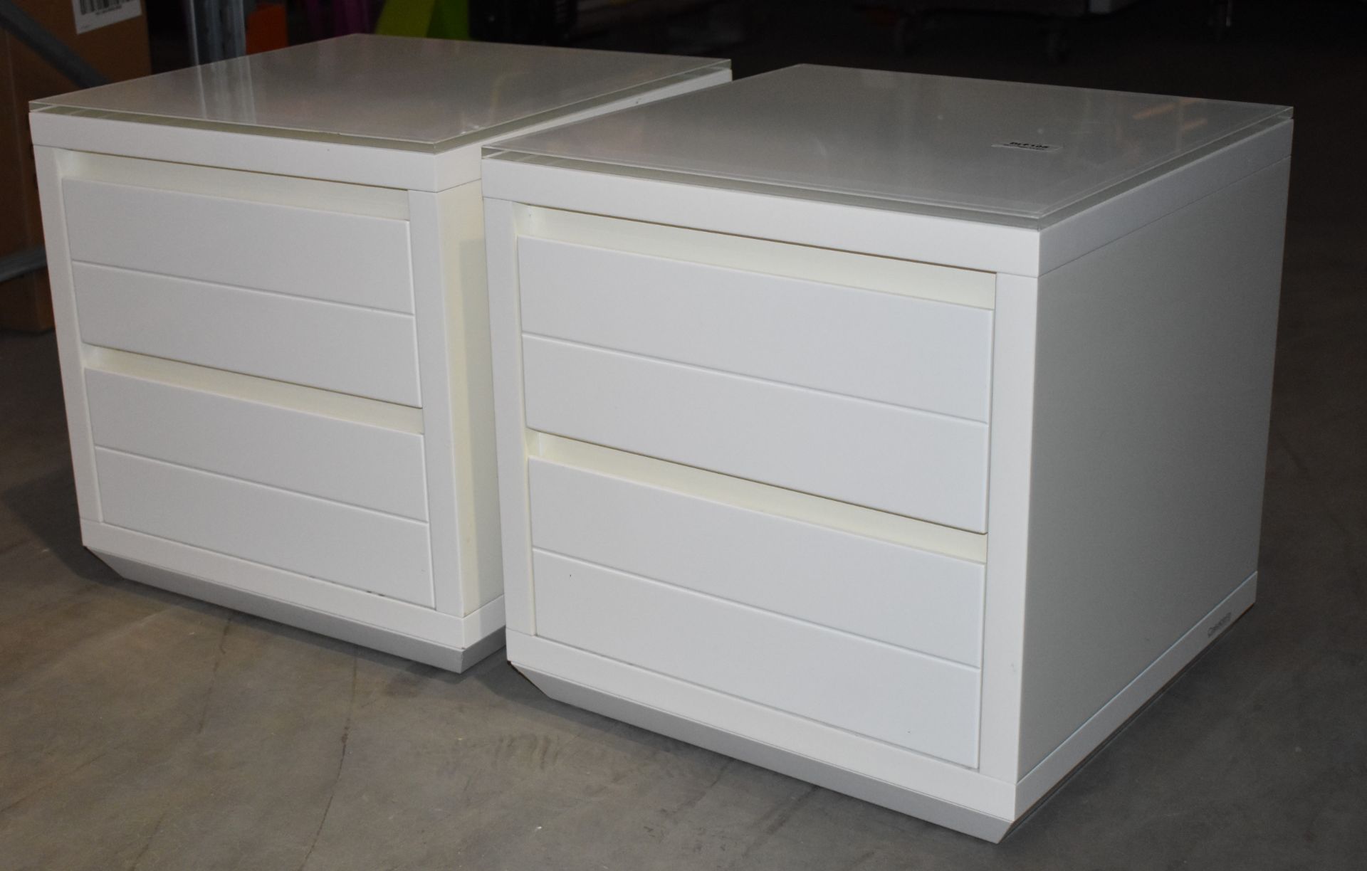 1 Pair of Casabella Adria Bedside Drawers - White Gloss With Glass Top and Soft Close Drawers  -