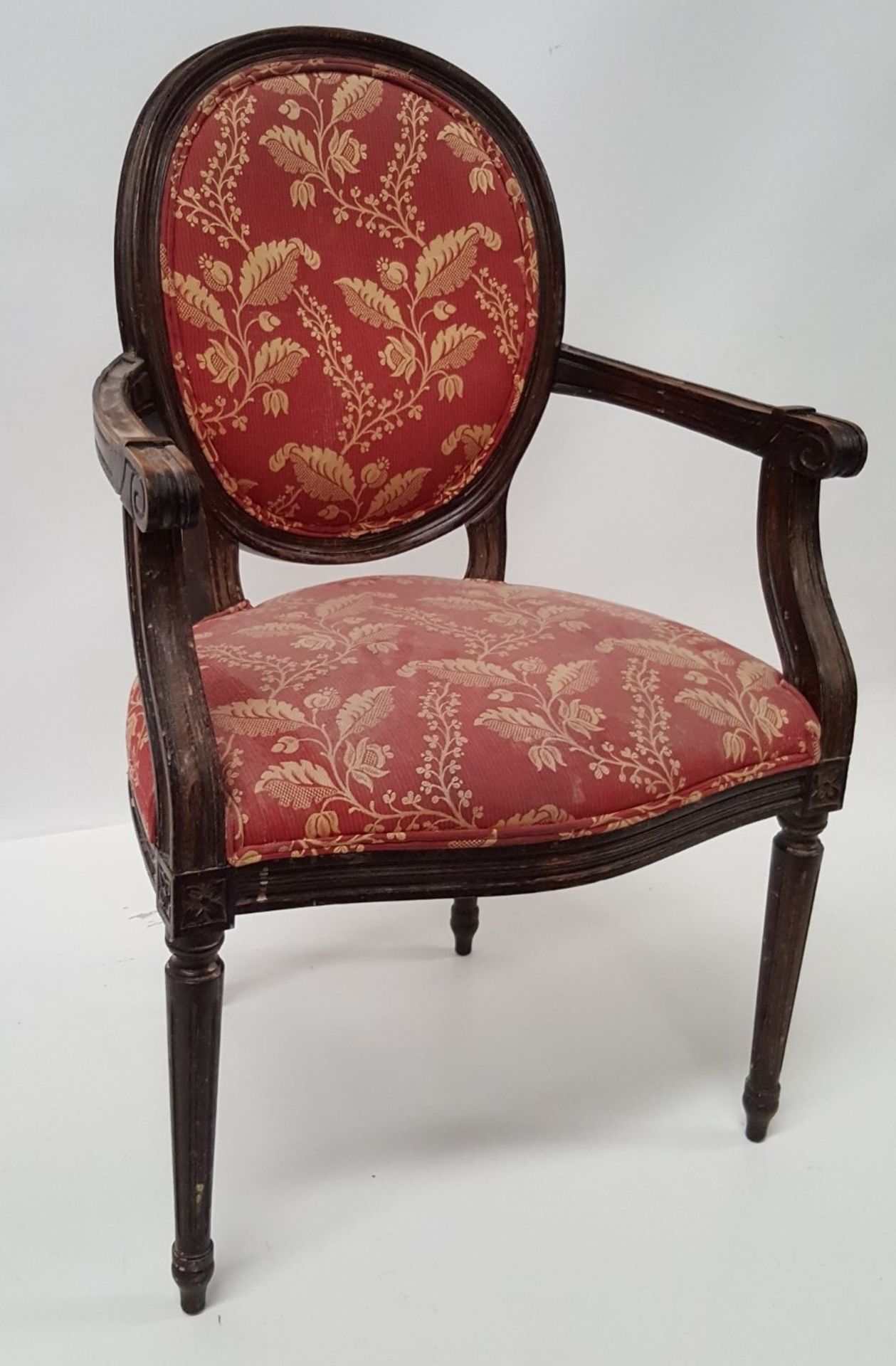8 x Vintage Wooden Chairs Featuring Spindle Legs, And Upholstered In Red / Gold Floral Fabric -