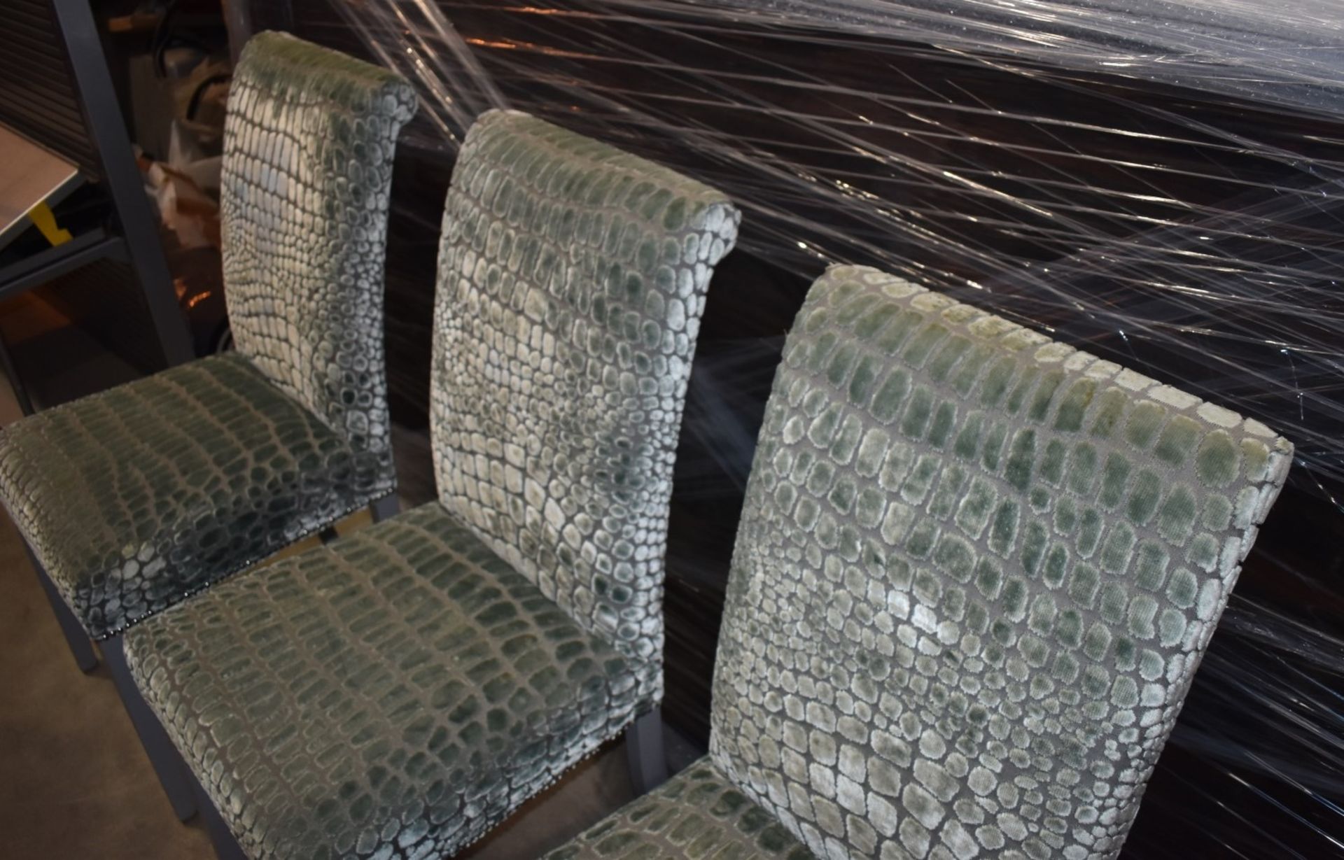 Set of Four Contemporary High Back Chairs With Reptile Skin Style Fabric Upholstery and Grey - Image 5 of 9