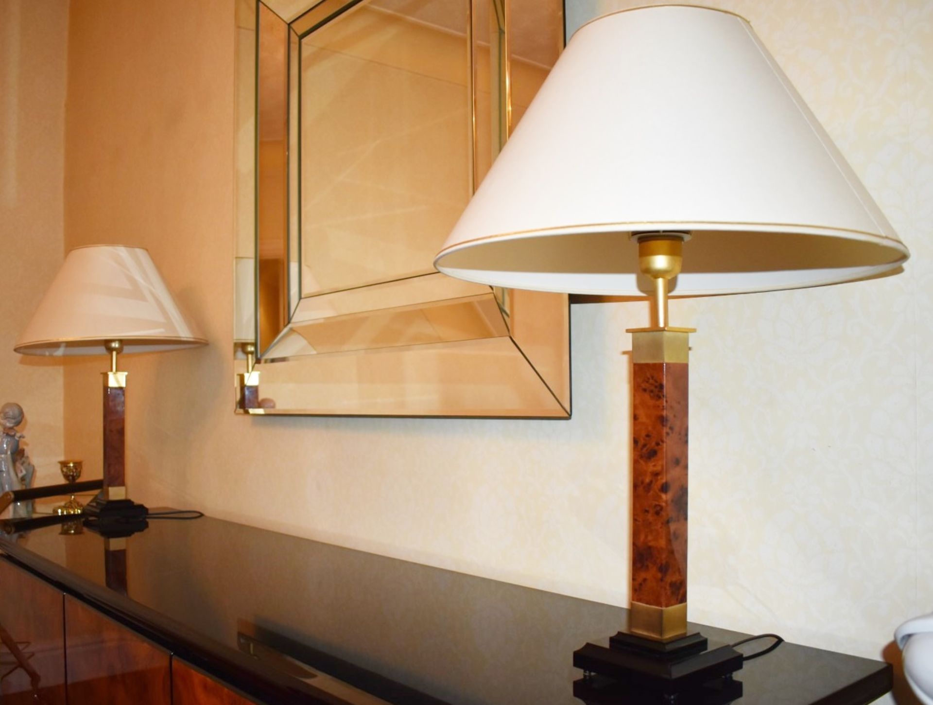 1 x Pair of Table Lamps With Burr Walnut Pedestals and Cream Shades - Features Inline On/Off