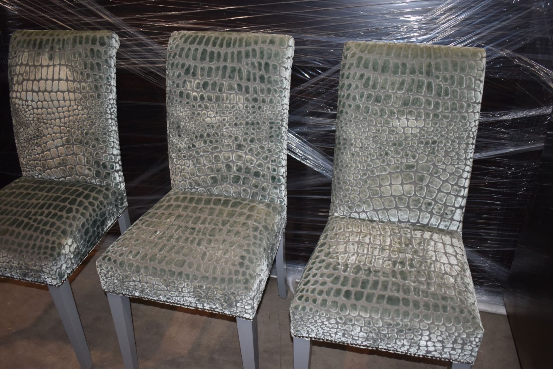 Set of Four Contemporary High Back Chairs With Reptile Skin Style Fabric Upholstery and Grey - Image 9 of 9