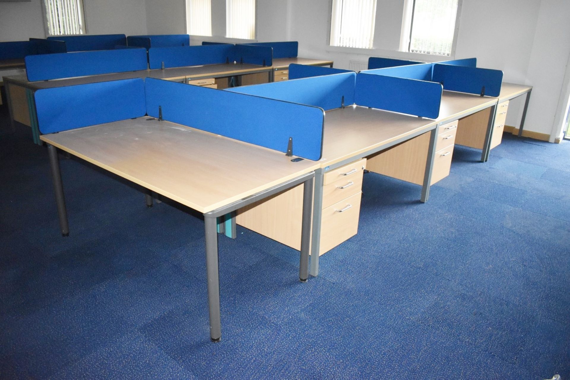 7 x Beech Office Desks With Integrated Drawer Pedestals and Privacy Partitions - Size of Each Desk