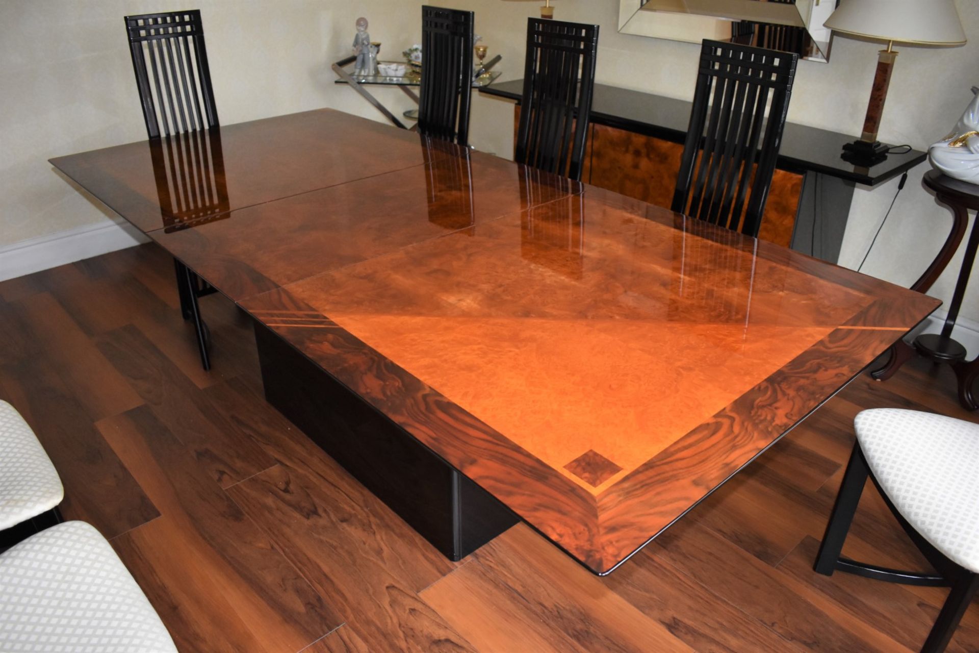 1 x Large Extending Dining Table With Eight Chairs - Features a Stunning Burr Walnut Centre With