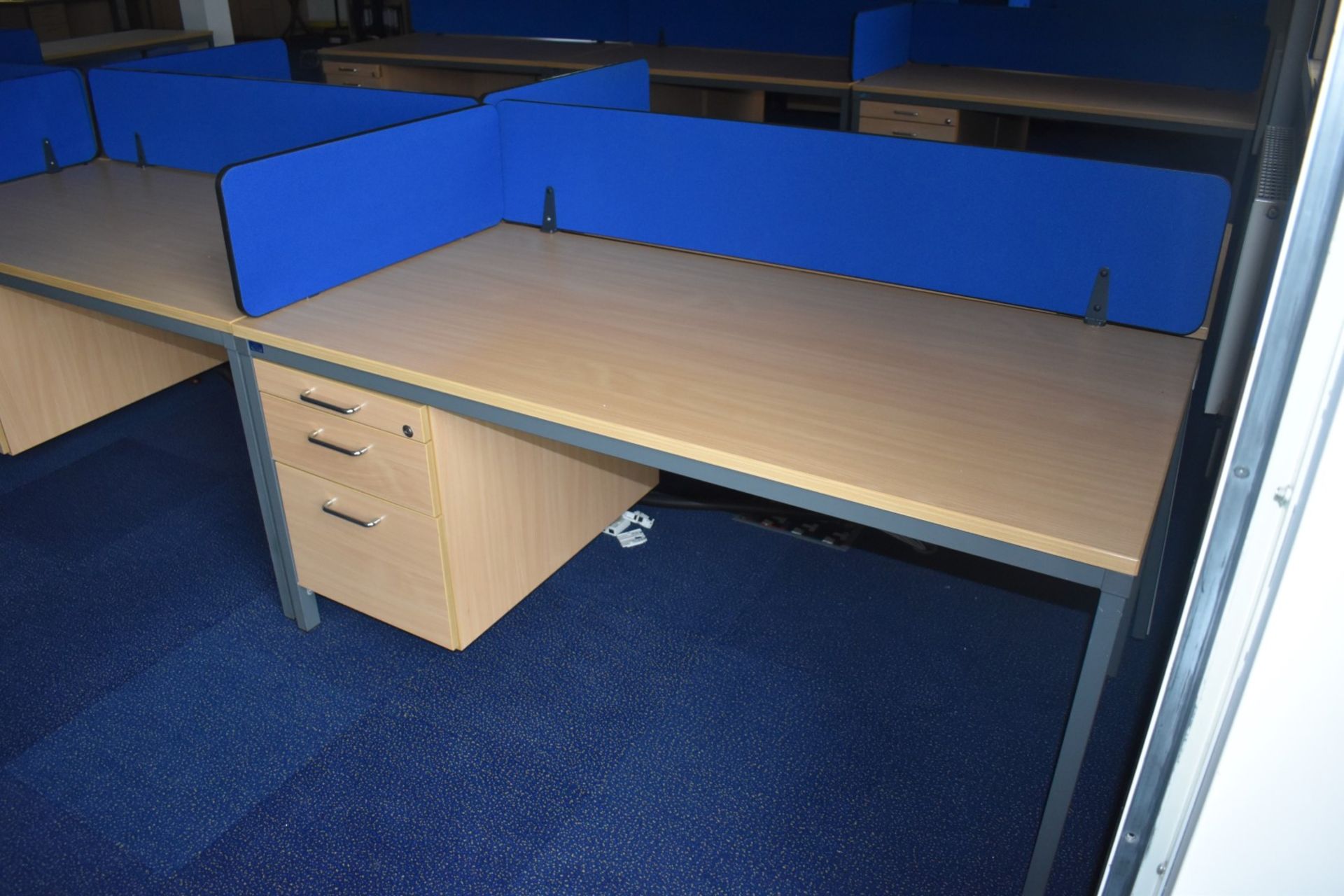 7 x Beech Office Desks With Integrated Drawer Pedestals and Privacy Partitions - Size of Each Desk - Image 2 of 10