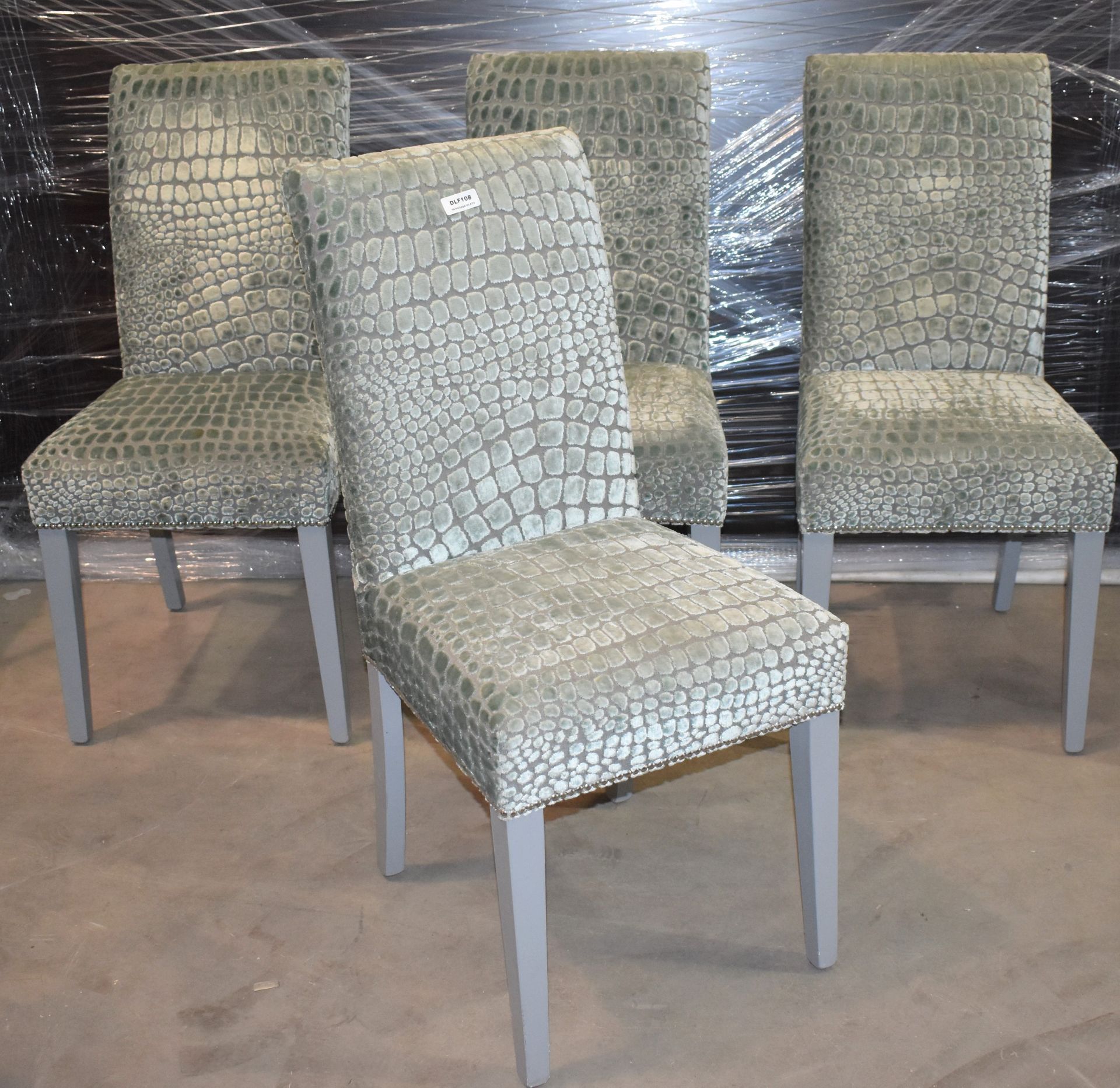 Set of Four Contemporary High Back Chairs With Reptile Skin Style Fabric Upholstery and Grey