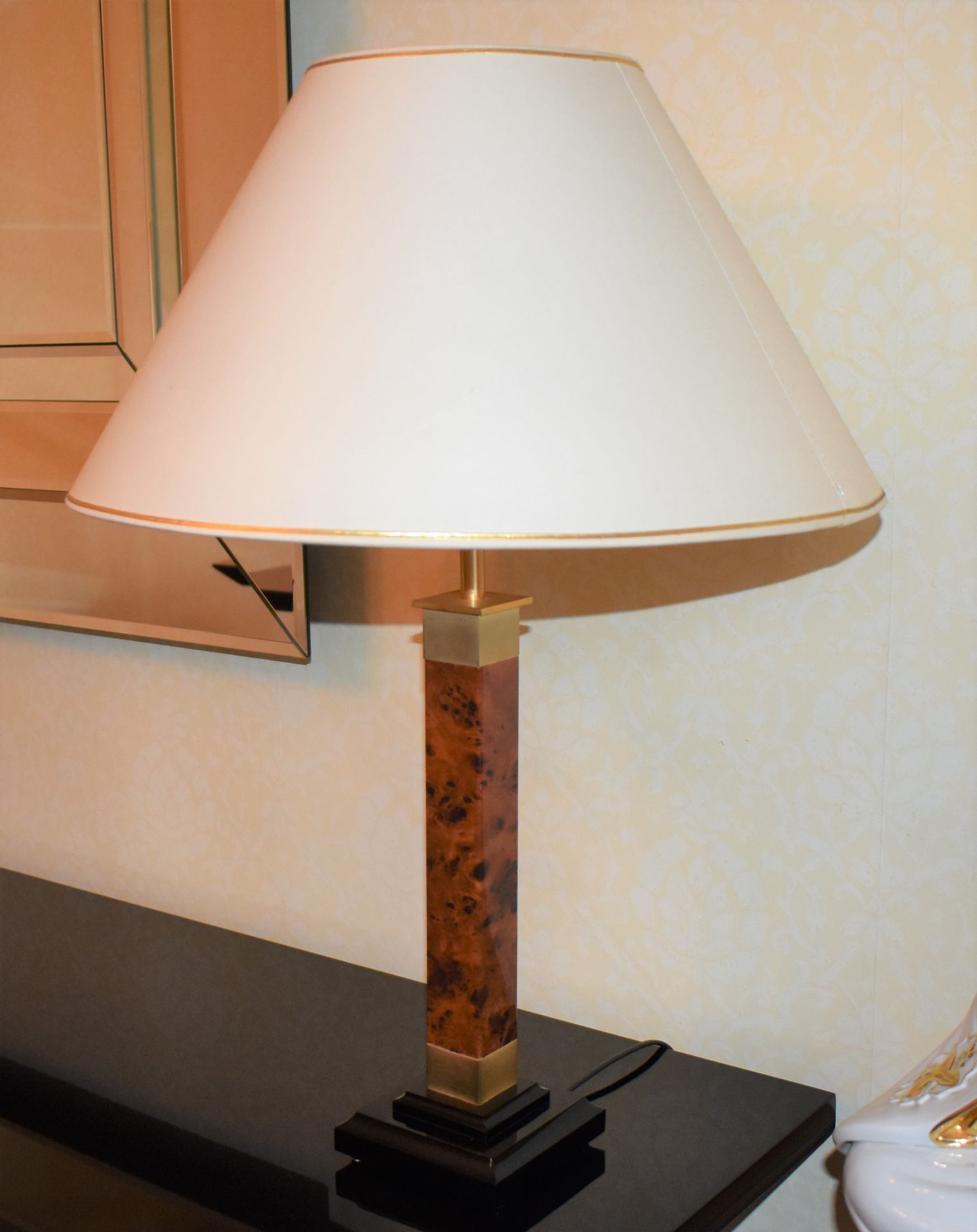 1 x Pair of Table Lamps With Burr Walnut Pedestals and Cream Shades - Features Inline On/Off - Image 2 of 7