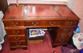 1 x Mahogany Twin Pedestal Partners Writing Desk With Brass Hardware, Dovetail Joints and Red