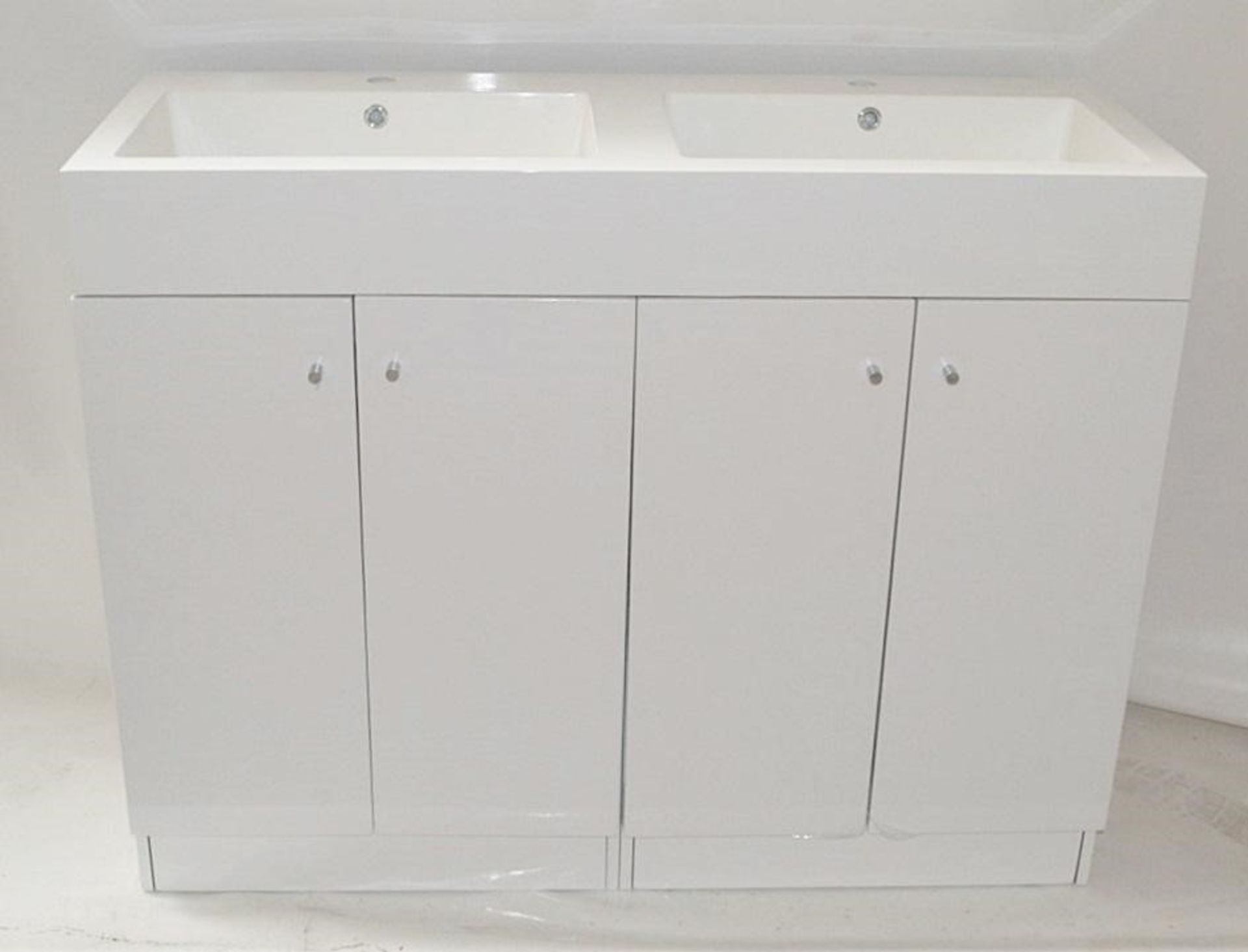 1 x Gloss White 1200mm 4-Door Double Basin Freestanding Bathroom Cabinet - New & Boxed Stock - CL307