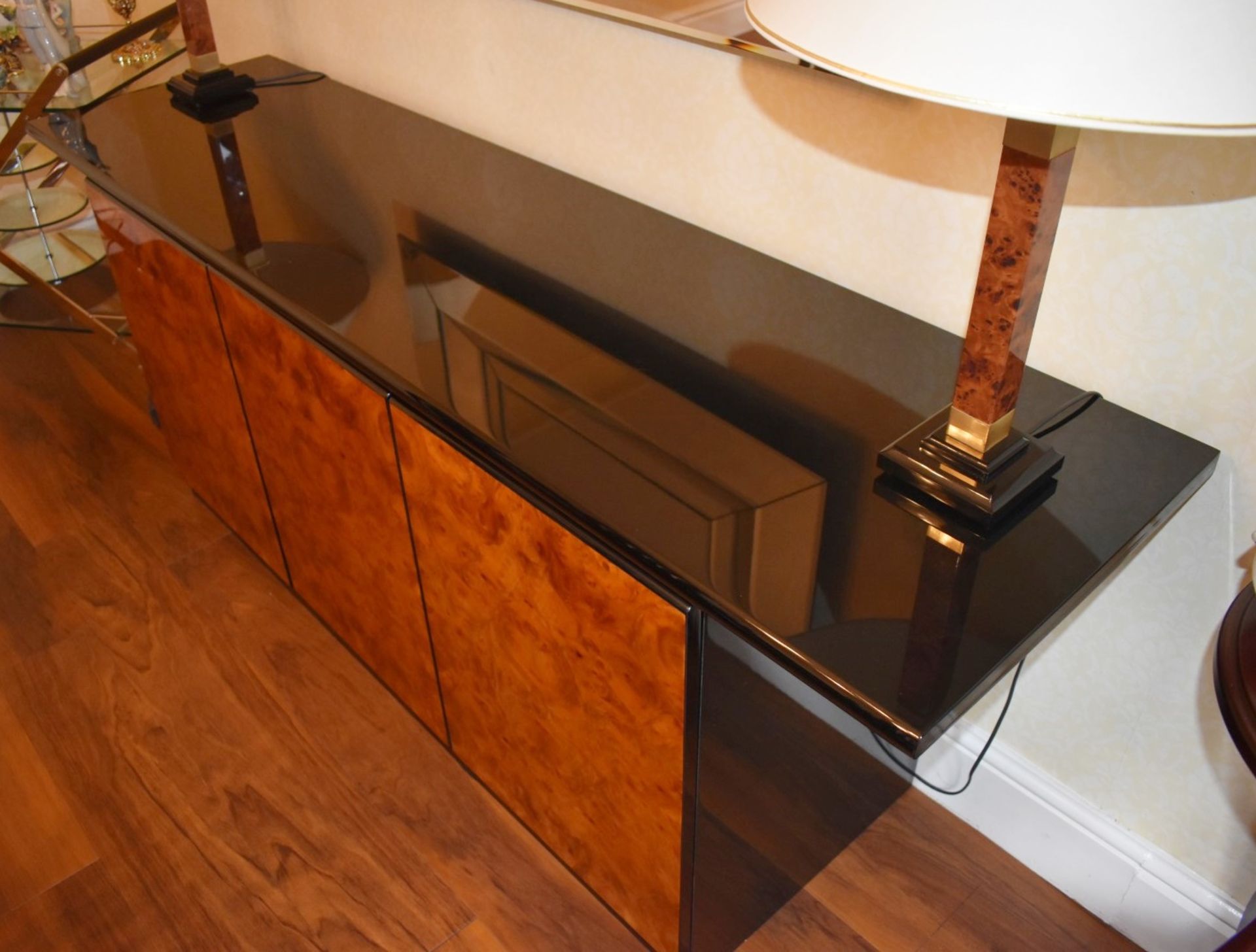 1 x Contemporary Three Door Sideboard With Dark Gloss Finish and Burr Walnut Doors - Dimensions - Image 3 of 10