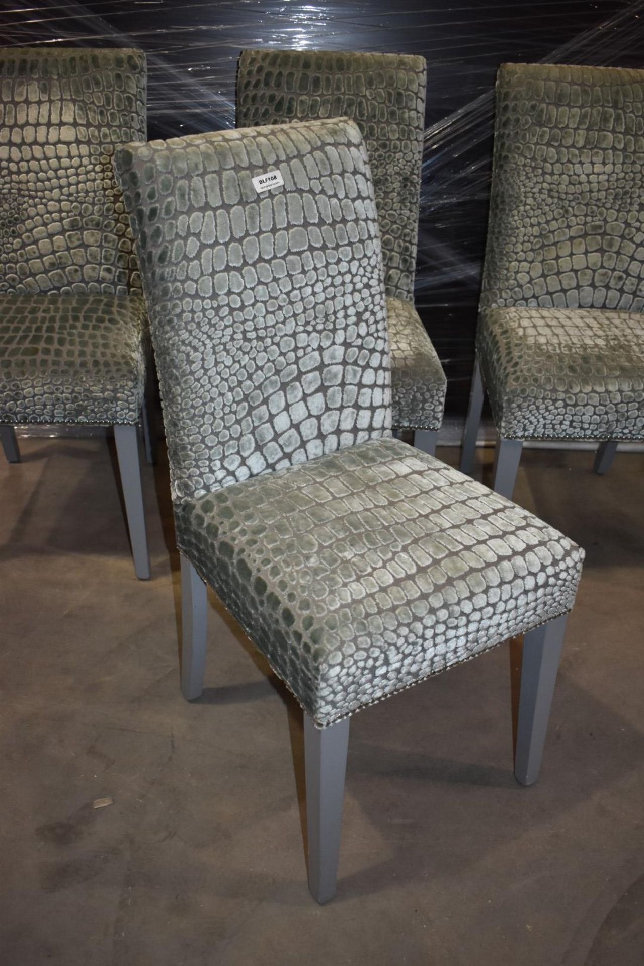 Set of Four Contemporary High Back Chairs With Reptile Skin Style Fabric Upholstery and Grey - Image 8 of 9