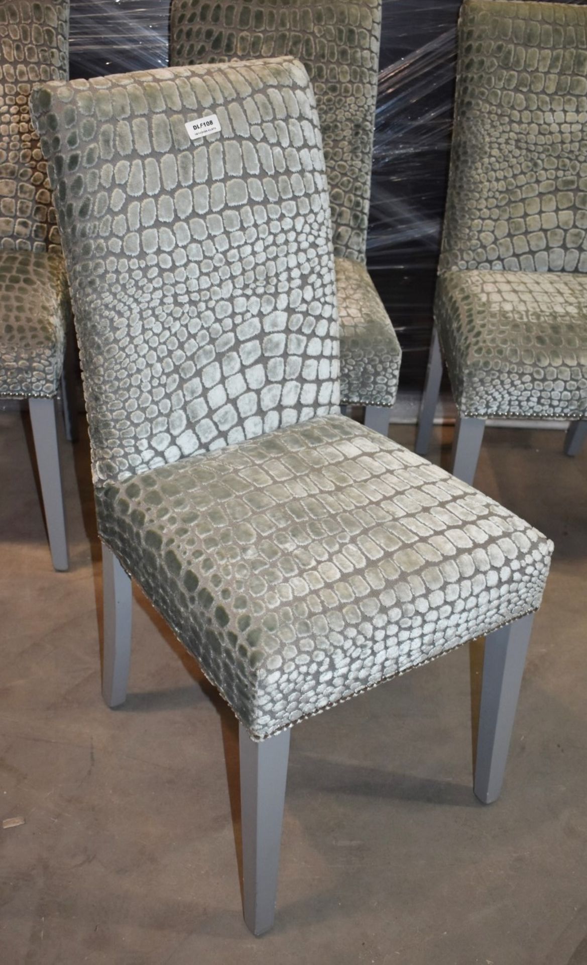 Set of Four Contemporary High Back Chairs With Reptile Skin Style Fabric Upholstery and Grey - Image 6 of 9
