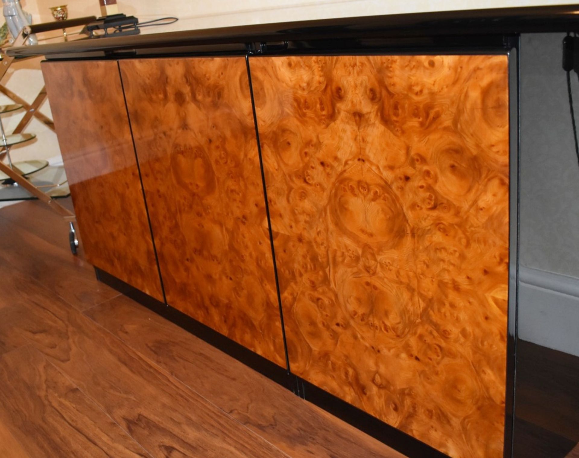 1 x Contemporary Three Door Sideboard With Dark Gloss Finish and Burr Walnut Doors - Dimensions - Image 2 of 10