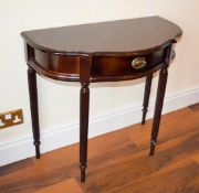 1 x Mahogany Half Moon Console Table With Brass Hardware and Single Drawer - Dimensions: H74 x W81 x