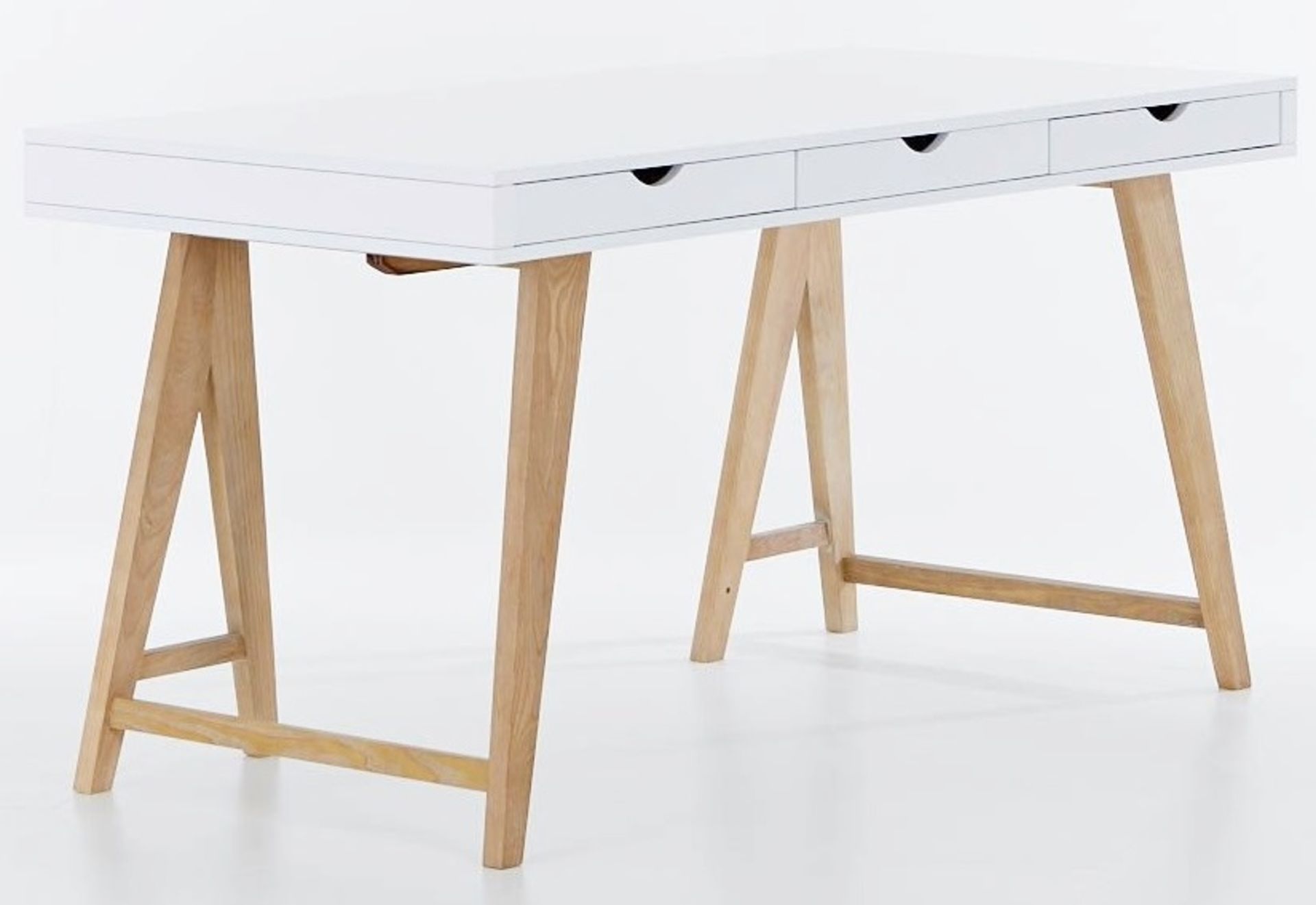 1 x Blue Suntree Ellwood Trestle Desk With a White Finish, Oak Legs and Three Storage Drawers - H76 - Image 3 of 3