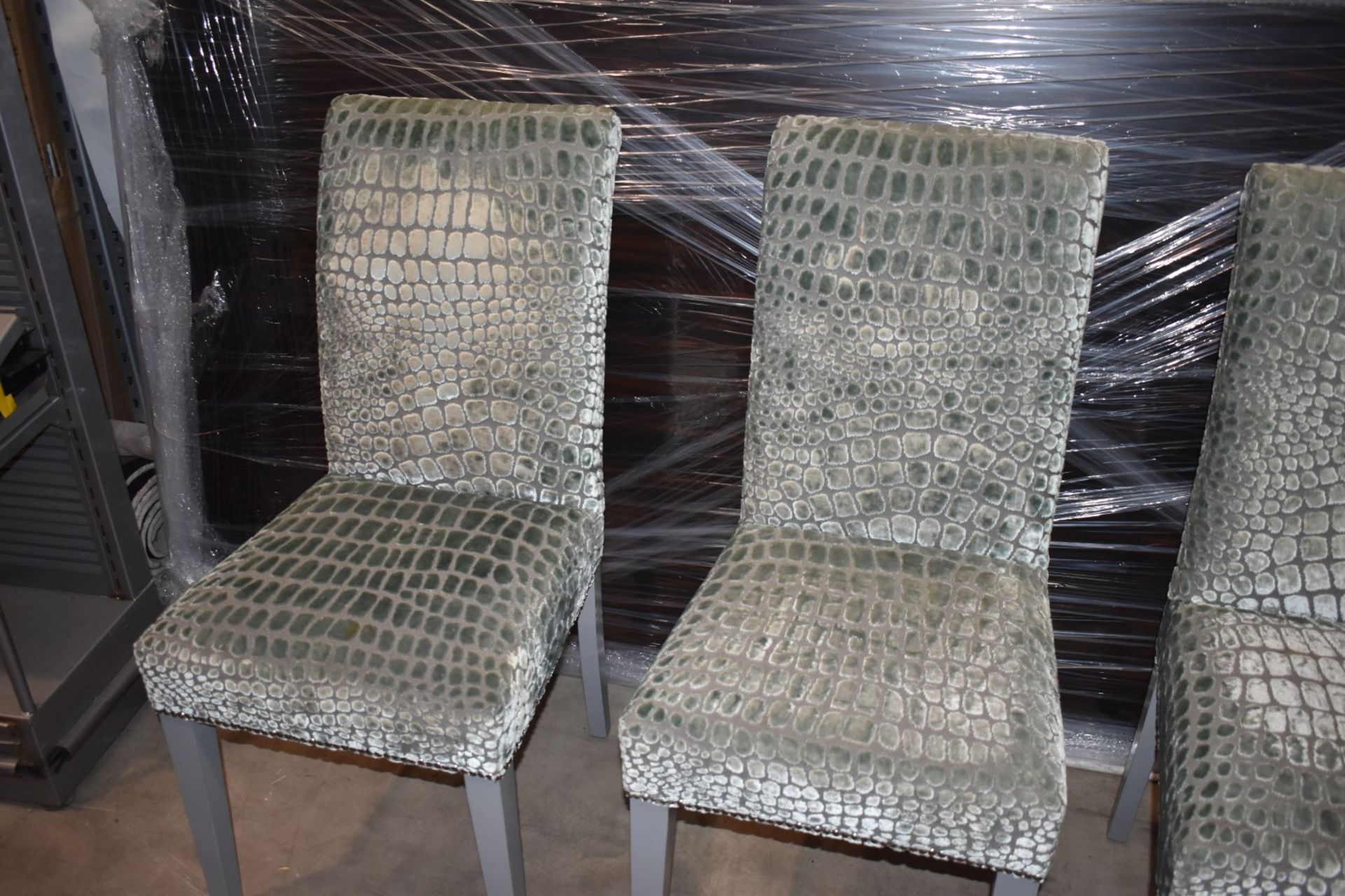 Set of Four Contemporary High Back Chairs With Reptile Skin Style Fabric Upholstery and Grey - Image 2 of 9