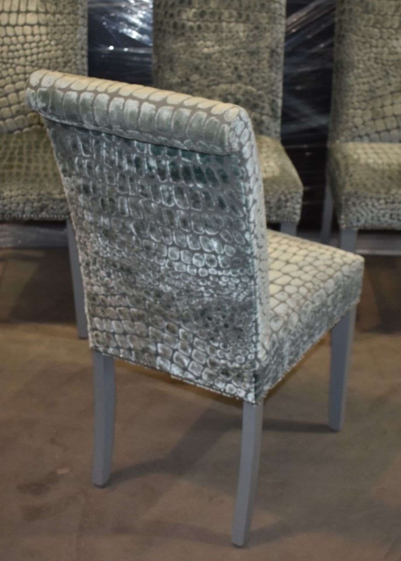 Set of Four Contemporary High Back Chairs With Reptile Skin Style Fabric Upholstery and Grey - Image 7 of 9