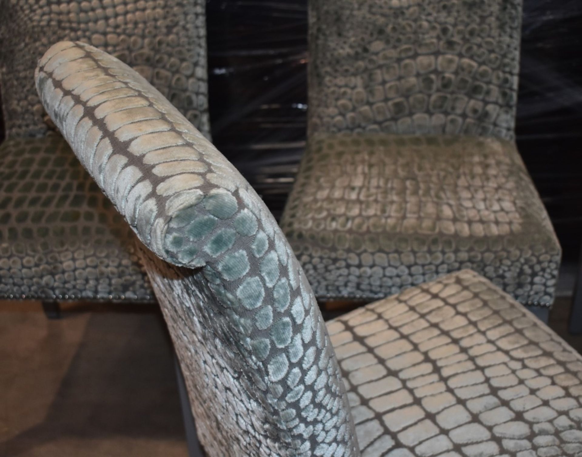 Set of Four Contemporary High Back Chairs With Reptile Skin Style Fabric Upholstery and Grey - Image 4 of 9
