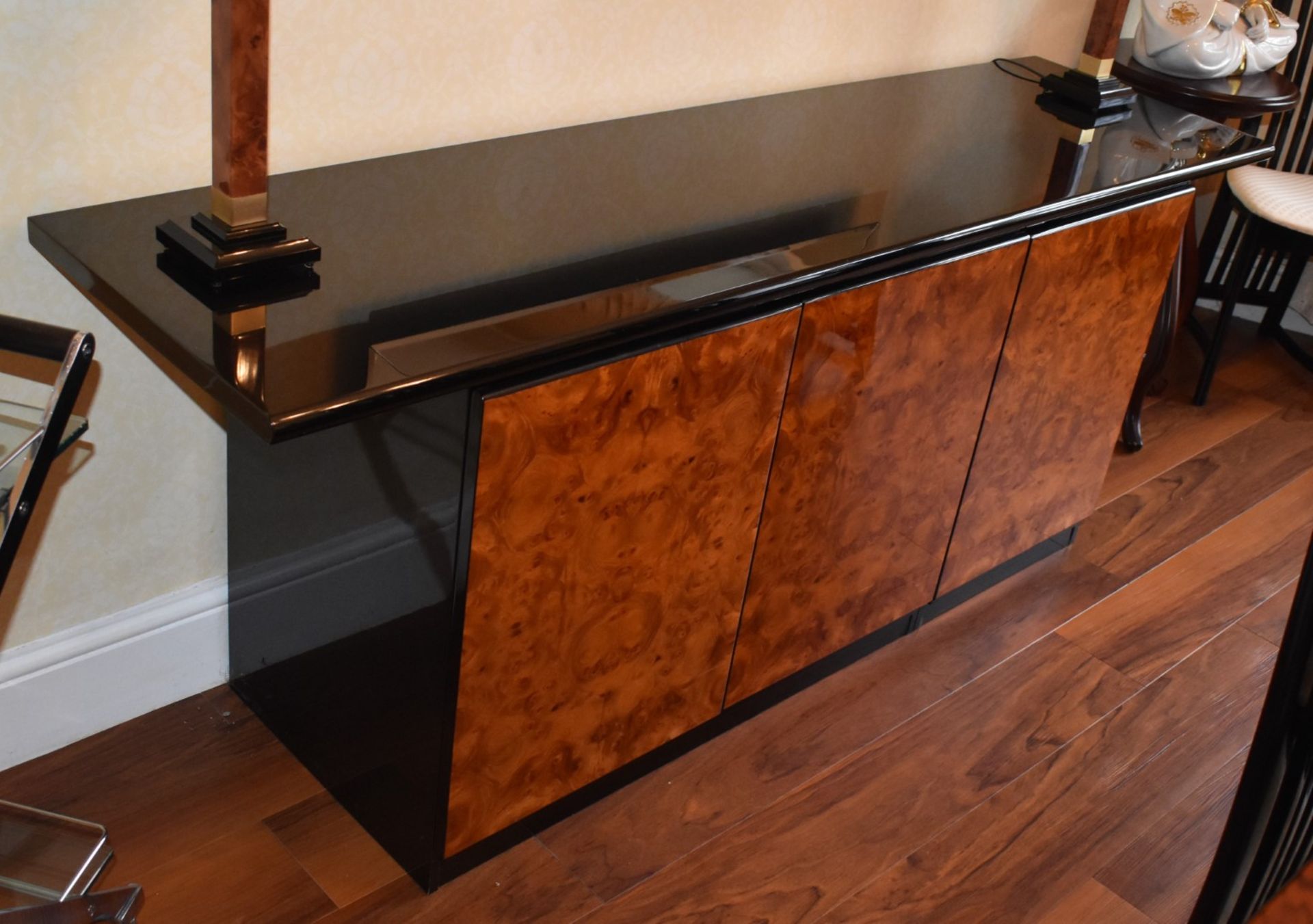 1 x Contemporary Three Door Sideboard With Dark Gloss Finish and Burr Walnut Doors - Dimensions - Image 4 of 10