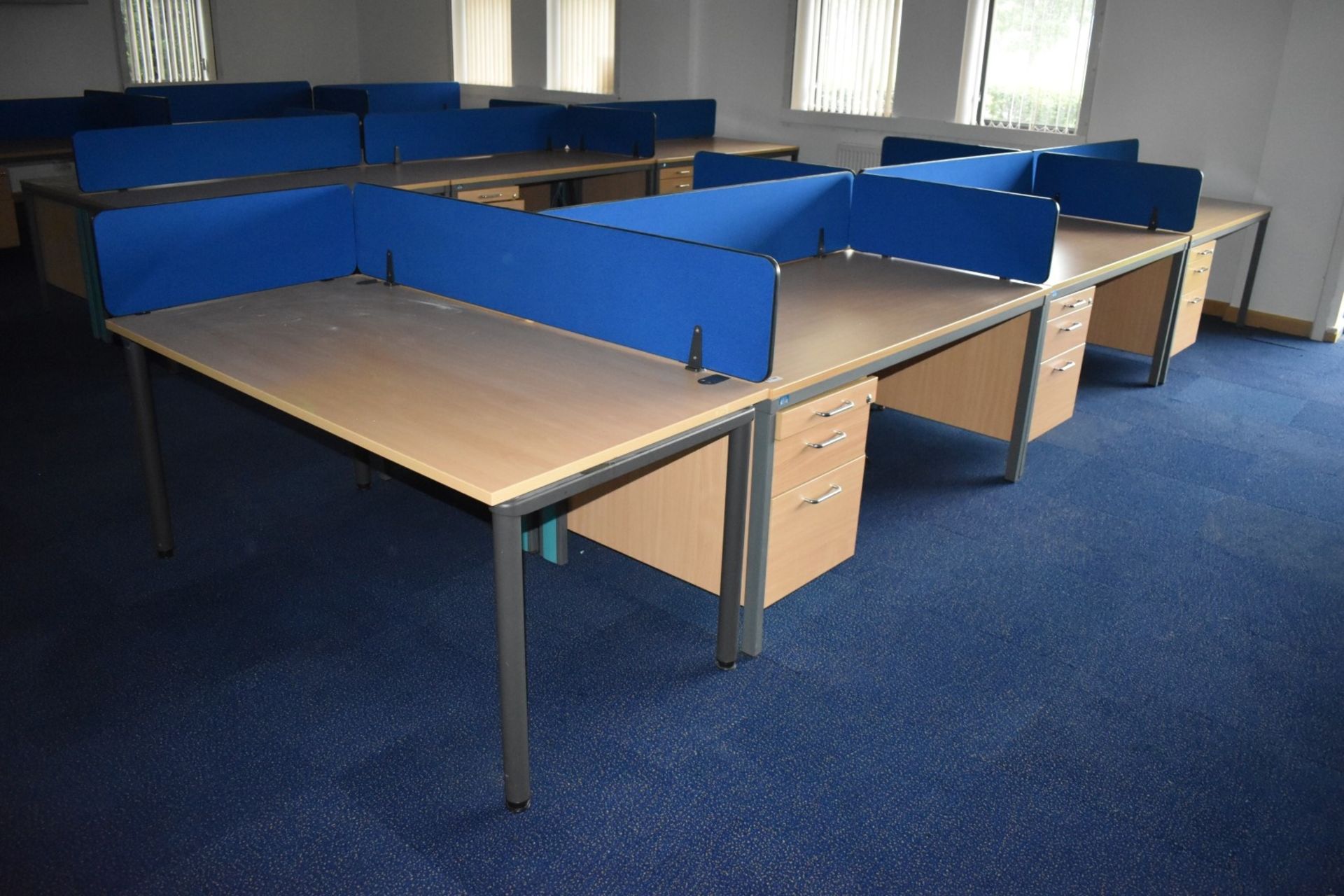 7 x Beech Office Desks With Integrated Drawer Pedestals and Privacy Partitions - Size of Each Desk - Image 10 of 10