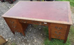 1 x Large Original Writing Desk With Leather Top Pad And Deep Drawers With Original Castors Under Th