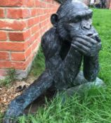 1 x Lifesize Bronze Chimpanze Monkey Garden Statue, Covering It's Mouth In True 'Speak No Evil' Styl