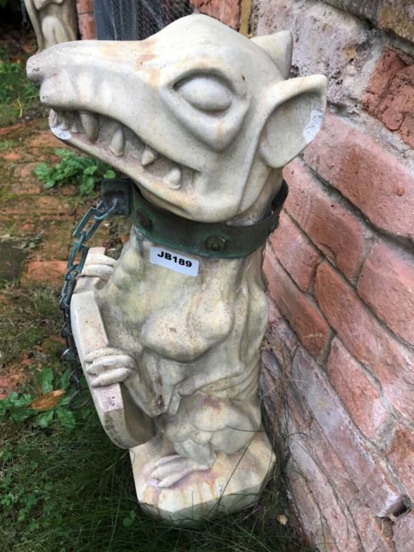 1 x Tall Gothic Style Guard Dog Statue Holding Shield with Metal Dog Colllar and Chain Lead - Measur