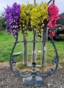 1 x Large Ornate Metal Harp Shaped Flower Vase With Colourful Artificial Flowers Held In 3 Tall Glas