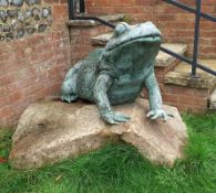 1 x Gigantic Bronze Sculpture of Frog Verdigris Sitting On A Large Rock, With Water Spout In Mouth *