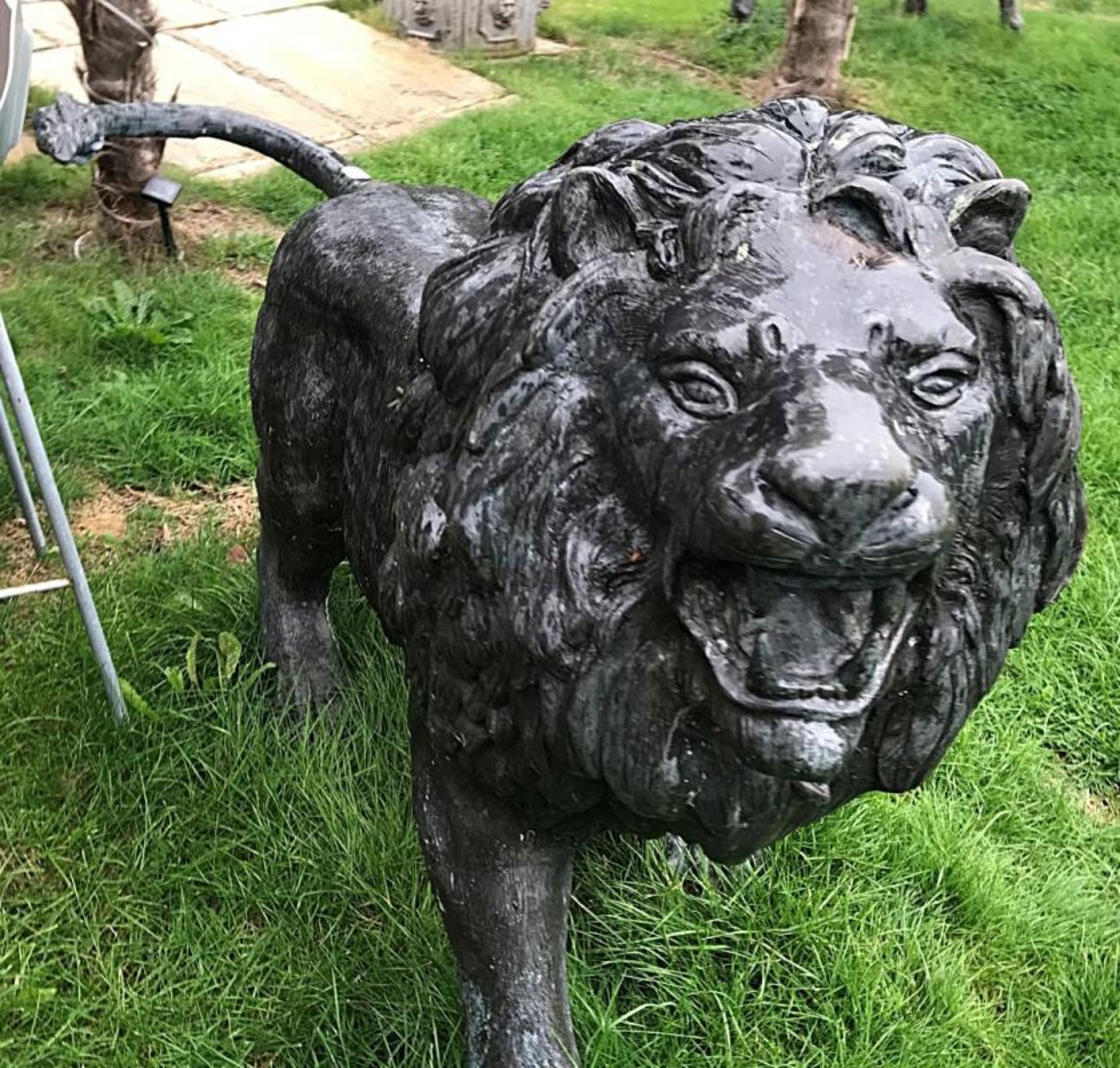 1 x Majestic Realistic Giant Solid Bronze Standing Male Lion Garden Sculpture, Looking Slightly To H