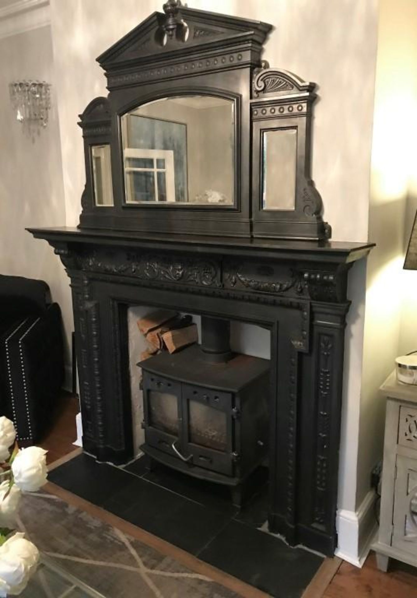 1 x Ultra Rare Stunningly Ornate Antique Victorian Cast Iron Fireplace, With Matching Cast Iron Mirr