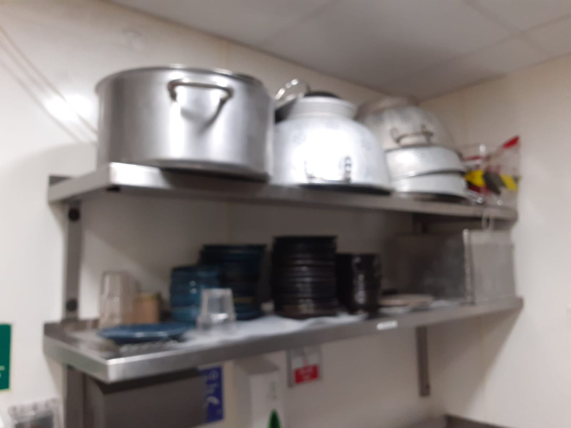 2 x Stainless Steel Shelves With Contents - Contents Include Various Pans etc - CL582 - Location: