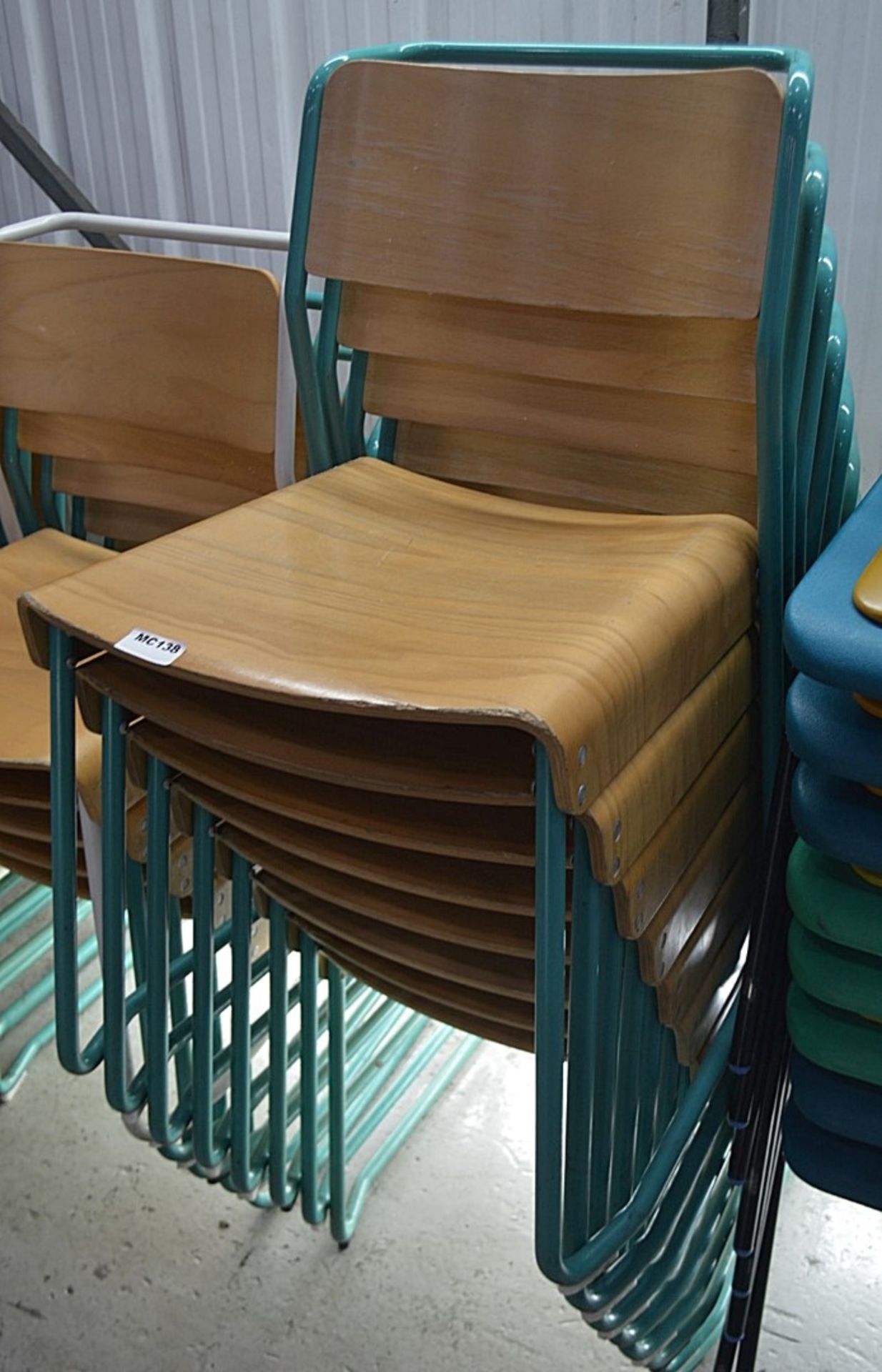 6 x Contemporary Stackable Bistro / Bar Chairs With Metal Frames With Curved Vanished Wooden Seats